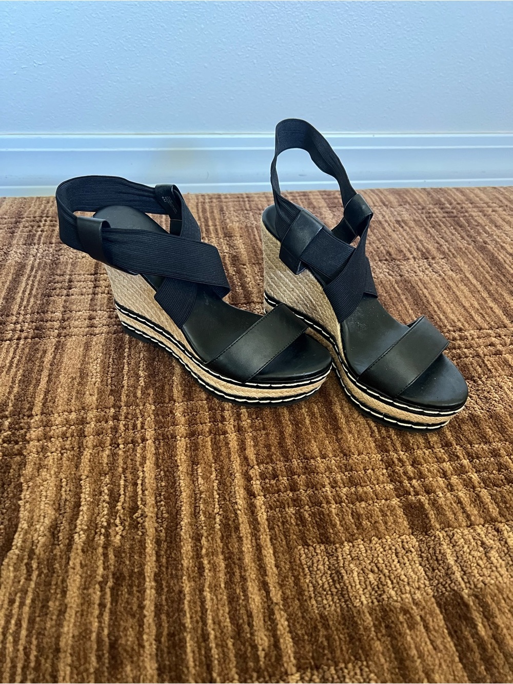 Charles David Black Espadrille Wedge Sandals with Elastic Cross Straps
